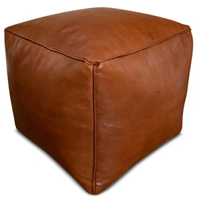 Afbeelding van Poufs&amp;Pillows Vierkante leren poef handgemaakt caramel bruin