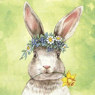 Afbeelding van 20 Servietten Hase mit Blumenkranz und Narzisse als Tischdeko für Ostern 33x33cm