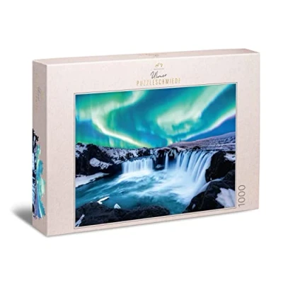 Afbeelding van Ulmer Puzzleschmiede Puzzel &quot;De elementen van het noorden&quot; indrukwekkende 1000 stukjes natuurpuzzel bij de Godafoss waterval in IJsland komen poollichten op ruwe rotsen en ijzig water