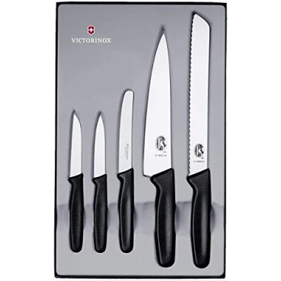 Afbeelding van Victorinox Keukenmessen, 5 delige set, o.a. groentemes, trancheermes en broodmes, zwart