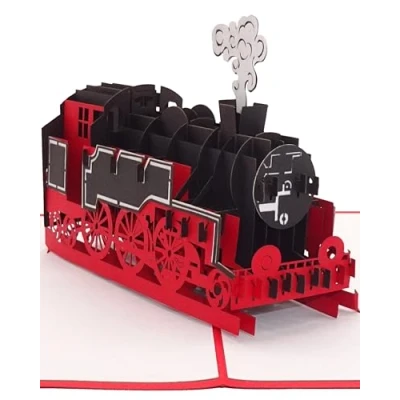 Afbeelding van Pop up kaart spoorweg locomotief 3D verjaardagskaart met stoomlocomotief als decoratie, geschenkverpakking of waardebon spoorwegman
