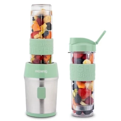 Afbeelding van H.Koenig Mini Blender / Smoothie Maker Compact SMOO18, 570 ml, BPA vrij, 300W, 2 flessen met reisdeksel, 4 roestvrijstalen messen, Pastelgroen