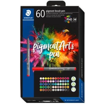 Afbeelding van STAEDTLER 371 C60 penseelpen pigment arts, premium tekeninkt, penseelpunt voor variabele lijnbreedte, waterbestendig, sneldrogend, 60 penseelpennen in gesorteerde kleuren kartonnen etui,