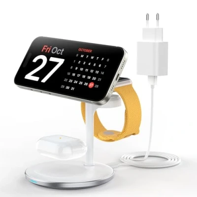 Afbeelding van Mag Safe 3 in 1 inductief laadstation voor meerdere apparaten, 15 W snel iPhone 14, oplader iWatch Ultra 2/1/Series 9/8, AirPods, wit