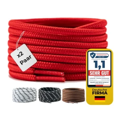 Afbeelding van LaceHype 2 paar premium ronde veters, diameter 4 mm, voor werkschoenen, laarzen, outdoorschoenen en sportschoenen, scheurbestendige schoenveters, vervangende schoenveters van polyester, rood, 110 cm
