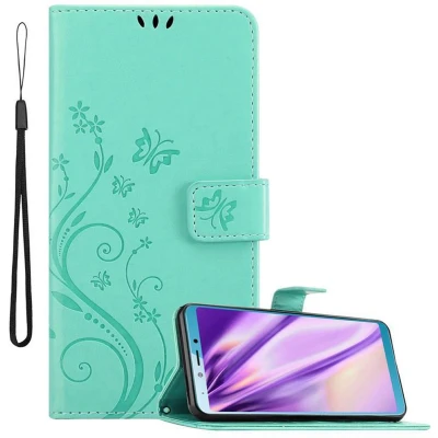 Afbeelding van Cadorabo Hoesje geschikt voor Samsung Galaxy A6s in BLOEMEN TURKOOIS Beschermhoes bloemmotief met magnetische sluiting, standfunctie en kaartsleuven Book Case Cover Etui