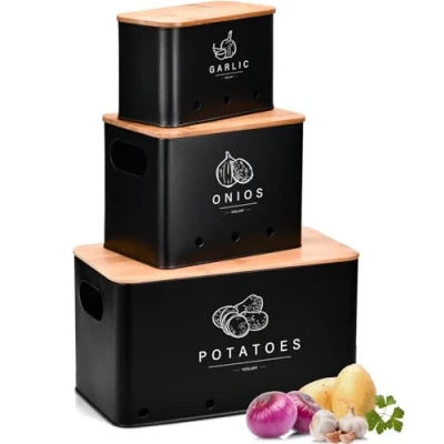 Afbeelding van YESLUSY Aardappelhouder voor de keuken, set met 3 containers aardappelen, uien en knoflook bamboedeksel ventilatiegaten, ruimtebesparend, retro design (zwart)