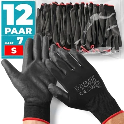 Afbeelding van H &amp; S 12 paar werkhandschoenen van ISC nylon, PU gecoat, naadloos, veelzijdig zwart/rood maat (7)