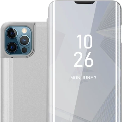 Afbeelding van Cadorabo Hoesje geschikt voor Apple iPhone 13 PRO in AGAAT ZILVER Clear View Spiegel Beschermende Case met Tribunefunctie 360 Graden Bescherming Book Cover Etui