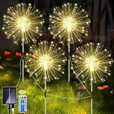 Afbeelding van yowin Vuurwerklampen op zonne energie, 4 x 120 leds, tuinverlichting 8 modi, koperdraad, Starburst lampen met afstandsbediening, waterdichte vuurvliegverlichting energie
