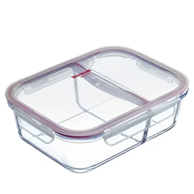 Afbeelding van Westmark Glazen vershouddoos, vulvolume: 570 ml, met 2 aparte vakken, magnetron en ovenbestendig, glas/siliconen/kunststof, transparant/rood, 234722E1