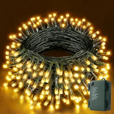 Afbeelding van YIFMOO Lichtsnoer op batterijen, 30 m, 300 leds, voor buiten en binnen, met timer, 8 modi, waterdichte kerstverlichting, groene kabel, lichtketting Kerstmis, tuin, feesten, decoratie, warm wit