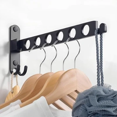 Afbeelding van JOLY FANG Inklapbare kledinghaken, wandkapstok, wandhaak, aluminium voor balkon, badkamer, bijkeuken (zwart, 1 stuks)