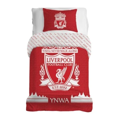 Afbeelding van Liverpool FC Character World officiële eenpersoons dekbedovertrekset, toon ontwerp rood omkeerbaar tweezijdig voetbal beddengoed cover koopwaar inclusief bijpassende kussensloop