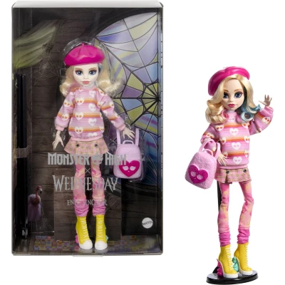 Afbeelding van Monster High Wednesday Pop en accessoires, Enid Sinclair verzamelobject in Roze mode met Baret Rugzak, Poppenstandaard, HXJ05