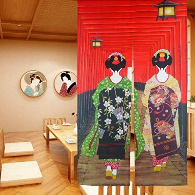 Afbeelding van LIGICKY Japanse Noren Lang gordijn, deurgordijn, wandtapijt, vliegen, insectengordijn, ruimteverdeler, 85 x 150 cm, rood (Kyoto Geisha meisje aan Fushimi Inari schrijn)