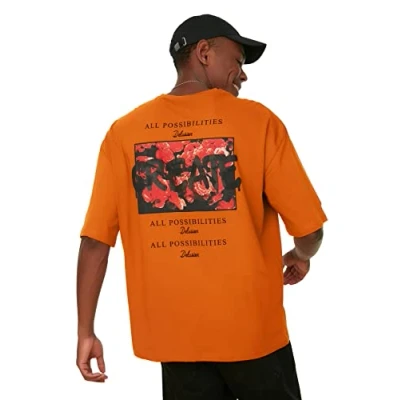 Afbeelding van Trendyol Men&#039;s Camel heren oversized fit 100% katoen gedrukt korte mouwen T shirt, extra klein