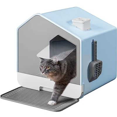 Afbeelding van YITAHOME kattenbak met kap, deksel, schep, kattentoilet, eenvoudige reiniging, verborgen overdekt hoge zijkanten (blauw)