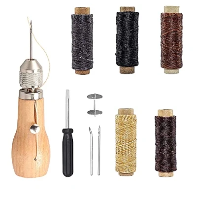 Afbeelding van Naaiset voor leer, 11 stuks, met lederen gewaxte draad, 5 kleuren 55 yards 150D naaigaren, schroevendraaier, handnaaigereedschapsset, doe het zelf naaien handwerk