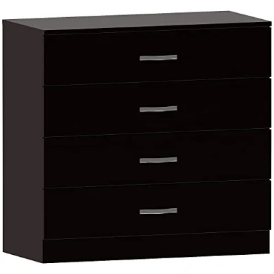 Afbeelding van Vida Designs Riano zwarte commode, 4 schuifladen met metalen handgrepen en lopers, unieke anti bowing ladeondersteuning, voor slaapkamer