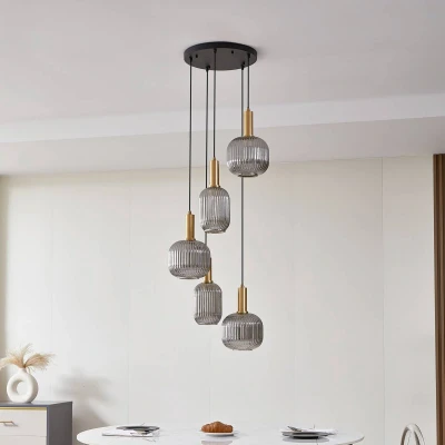 Afbeelding van Lindby hanglamp 5lichts Glas, ijzer E27 rokerig grijs