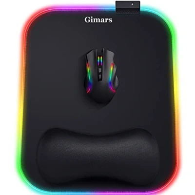 Afbeelding van Gimars RGB muismat met polssteun ondersteuning, 30,5 x 25,4 cm extra grote ergonomische gamingmuismat 11 LED verlichtingsmodi, antislip rubberen basis, lycra stof voor laptop, computer, pc gaming