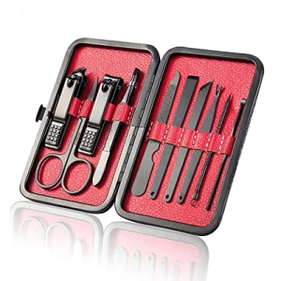 Afbeelding van SHULLIN 10 in 1 nagelverzorgingsset, draagbare nagelknipperset, reis nagelset, manicureset voor heren en dames, roestvrij staal, manicure pedicure, reisset hand voetverzorging (zwart)