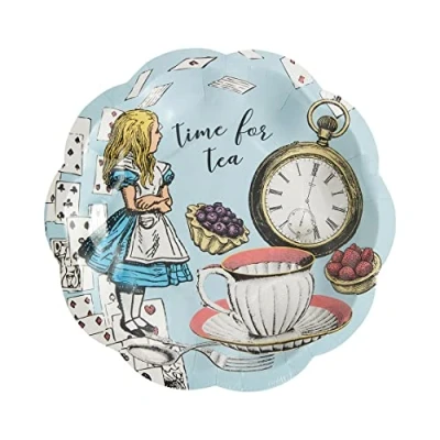 Afbeelding van Set van 12 blauwe Alice in Wonderland kleine borden Wegwerpservies, recyclebaar voor thuis Feestartikelen Mad Hatter Tea Party, Verjaardag, Middagthee, Moederdag, Babyshower, 17 cm Maat