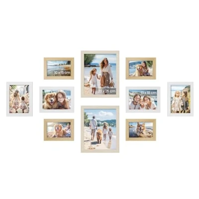 Afbeelding van SONGMICS Set van 10 fotolijsten, twee 20 x 25 cm (8 inch), Quattro 13 18 (5 7 15 (4 6 PS en MDF, natuurlijk eiken, wolkenwit, natuurbeige