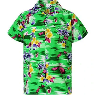 Afbeelding van Funky Hawaiiaans Overhemd, Hawaii Korte Mouw, Flamingos OLD, Citroengroen, L