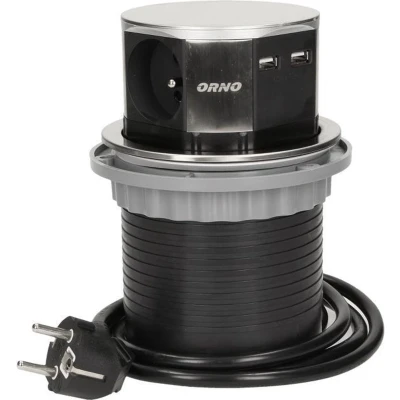 Afbeelding van ORNO OR AE 1381 Inklapbare tafelstekkerdoos 3x250V AC, USB oplader, INOX