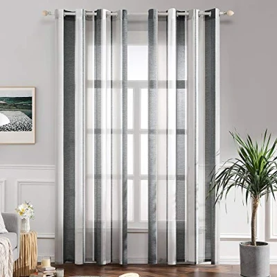 Afbeelding van Miulee Gordijnen, transparant, voile met inslagringen voor woon en slaapkamer, set van 2 stuks, 175 x 140 cm, gestreept