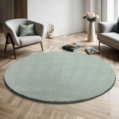Afbeelding van the carpet relax Moderne pluizige kortpolige tapijt, antislip onderkant, wasbaar tot 30 graden, superzacht, bontlook, Groen, 120 cm Rond