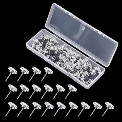 Afbeelding van 200 stuks transparante push pins, met 1 plastic doos, decoratieve steeknaalden, punaises platte kop, kunststof, tekenbord spelden, ronde nagels, gebruikt voor kurkplaat, foto, doe het zelf