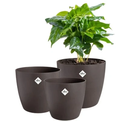 Afbeelding van Elho the Coffee Collection Rond Bloempotten gemaakt met Koffiedik 100% Gerecycled Set van 3 Ø 14, 16, 18 cm Espresso Bruin