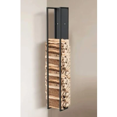Afbeelding van DanDiBo Brandhoutrek voor binnen, metaal, zwart, haardhoutstandaard met achterwand aan de muur, hangende houten mand, haardhouthouder, rek (hoogte 160 cm)
