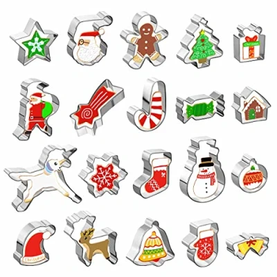 Afbeelding van GWHOLE 20 stuks kerstuitsteekvormen van roestvrij staal, koekjesvorm, zandkoekjes, gebak, snijder, kerstman, eenhoorn, sneeuwvlok, kerstboom