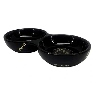 Afbeelding van Nobby Voerbak Kat Katten Drinkbak Dubbele Keramisch Golden Fish Bone Zwart