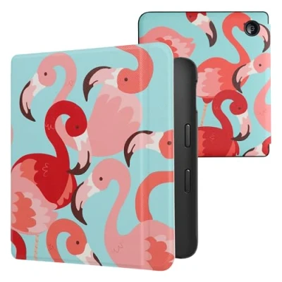 Afbeelding van kwmobile E reader hoesje geschikt voor Kobo Libra 2 hoes flip case met magnetische sluiting Ereader cover Flamingo&#039;s design in roze / poederroze rood