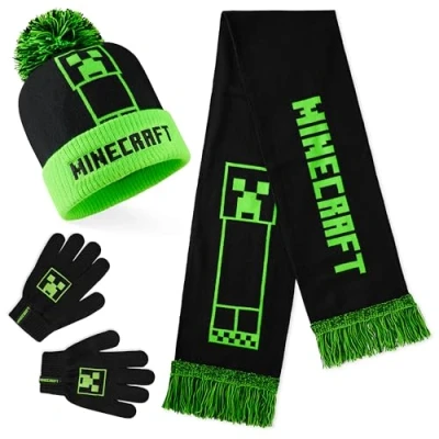 Afbeelding van Minecraft Set van muts en handschoenen voor jongens, wintermutsen met Creeper ontwerp bijpassende wanten, Groen/Zwart, 4 7 años