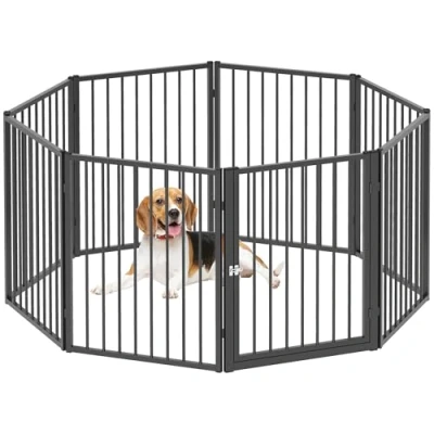 Afbeelding van PawHut hondenhok, 8 panelen, modulair en opvouwbaar, draagbaar, van metaal, 76 uur, met deur, hek voor katten, puppy&#039;s kleine dieren, binnen buiten, zwart