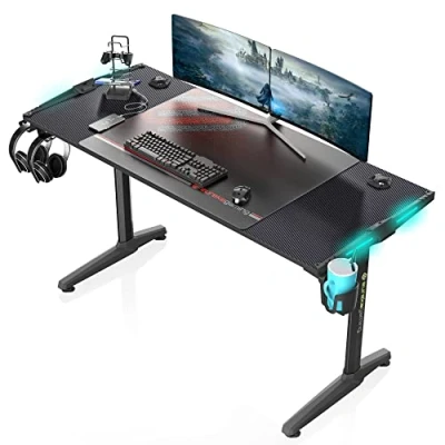 Afbeelding van Eureka Ergonomic Gaming bureau, led, gamer, 148 x 60 cm, computerbureau, voor gaming, pc, met RGB licht, gratis muismat, bekerhouder, hoofdtelefoonhaak