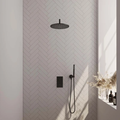 Afbeelding van Brauer Black Edition Regendoucheset inbouw hoofddouche 30cm Gladde knop handdouche staaf 1 stand mat zwart Minimalistisch design