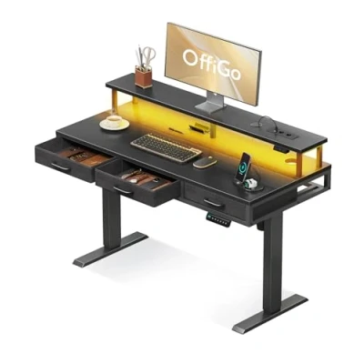 Afbeelding van OffiGo Elektrisch staand bureau met 3 dragers, in hoogte verstelbaar, bureaubureau monitorstandaard, ergonomische tafel ledverlichting, 120 x 54 78,5 cm, zwart