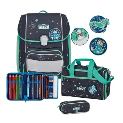 Afbeelding van Scout Schooltas LED Genius Set 4 delig Sternenhimmel Donkerblauw Turquoise