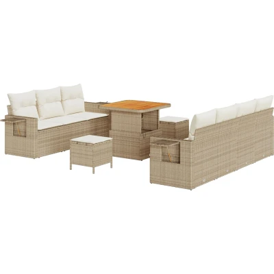 Afbeelding van vidaXL 10 Delige Tuin Sofa Set met Kussens Beige Poly Rattan Acacia, 3 Eet Acacia
