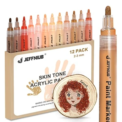 Afbeelding van Acrylstiften, markeerstiften, waterbestendig, 12 stuks, 2 mm acrylstiftenset voor stenen, hout, canvas, glas, papier, leer, keramiek, tekening, kunstenaarsstiften, huidtint pennen