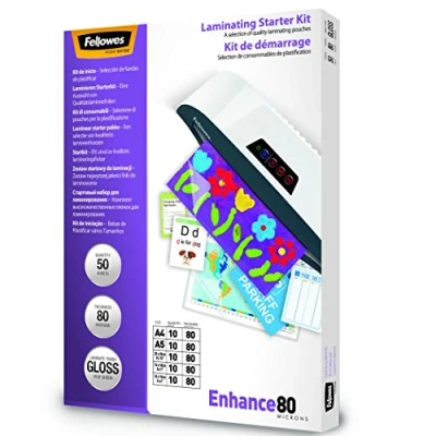 Afbeelding van Fellowes Lamineerfolies starterset, 80 micron (2 x mic), verschillende formaten, inhoud: 50 stuks, transparant