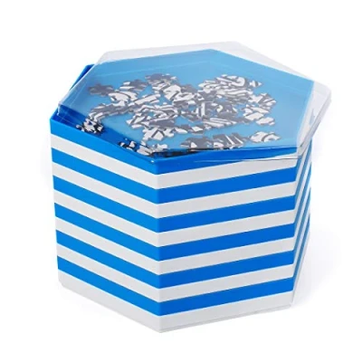Afbeelding van Becko Stapelbare puzzel sorteerbakjes, puzzelsorteerders met deksel, puzzelaccessoire voor puzzels tot 2000 stukjes, 12 zeshoekige bakjes (blauw)