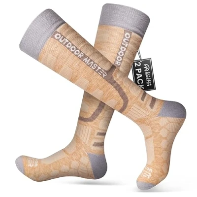 Afbeelding van OutdoorMaster 2 paar uniseks merinowol, compressieskisokken voor dames en heren, OTC design/antislip manchetten, ademende thermische wintersokken snowboarden